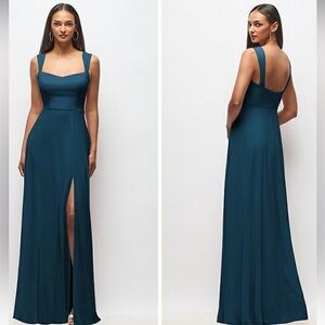 After Six Lux Chiffon Wide Strap Sweetheart Front Slit Teal Blue Maxi Dress NWT